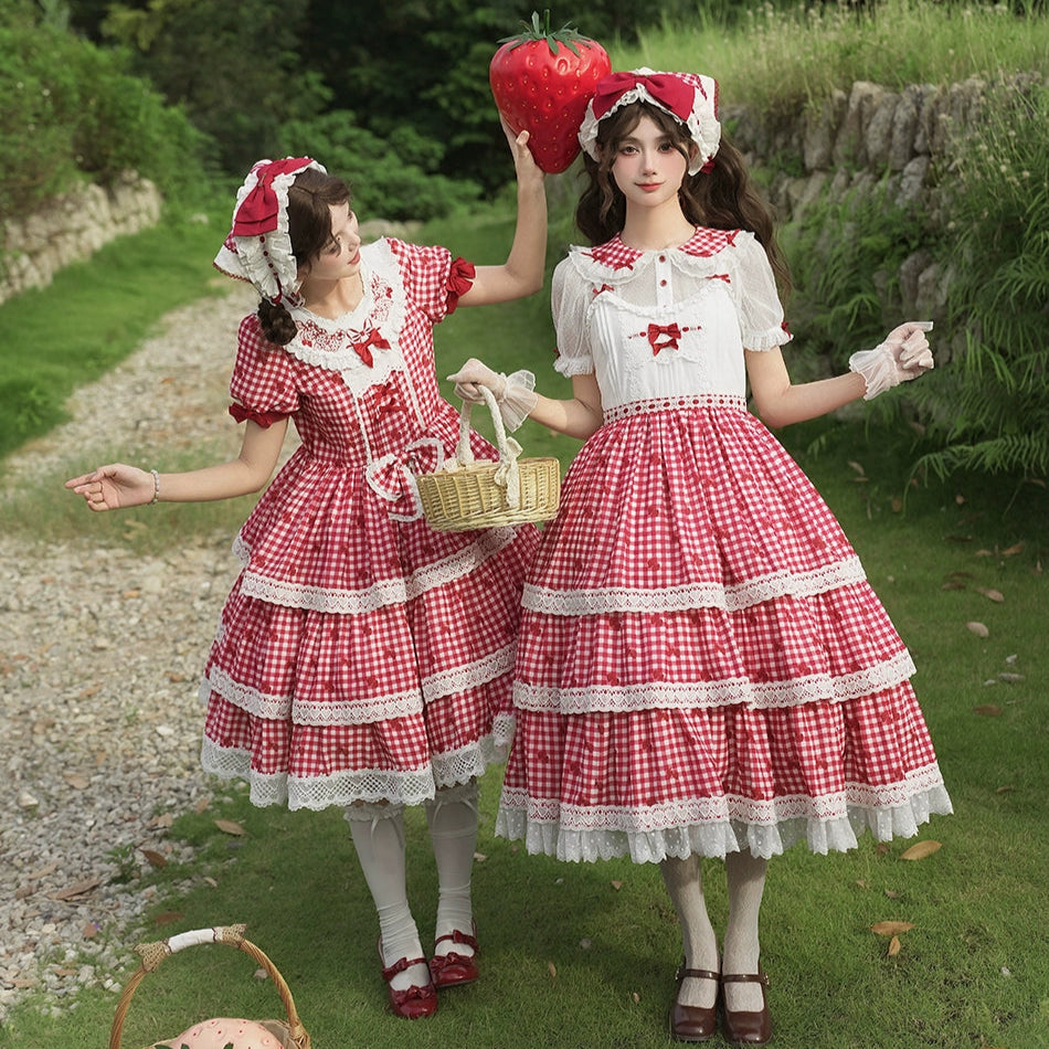 【受注予約8/18まで】Strawberry Sunshine Picnic カントリー風ワンピースとエプロン・ミドル丈