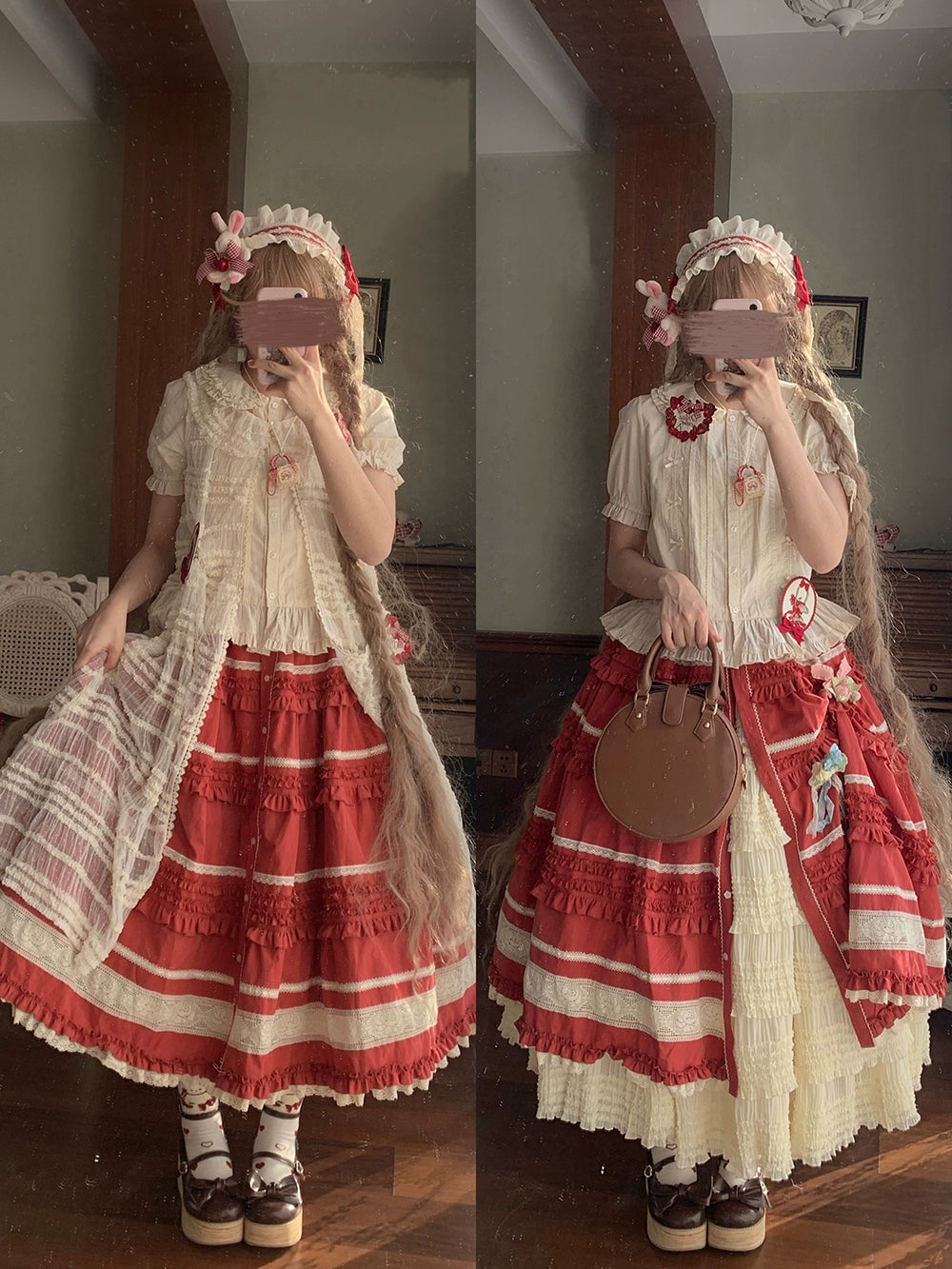 【予約販売】猫の薔薇お茶会 前開きフリルスカート 無地タイプ