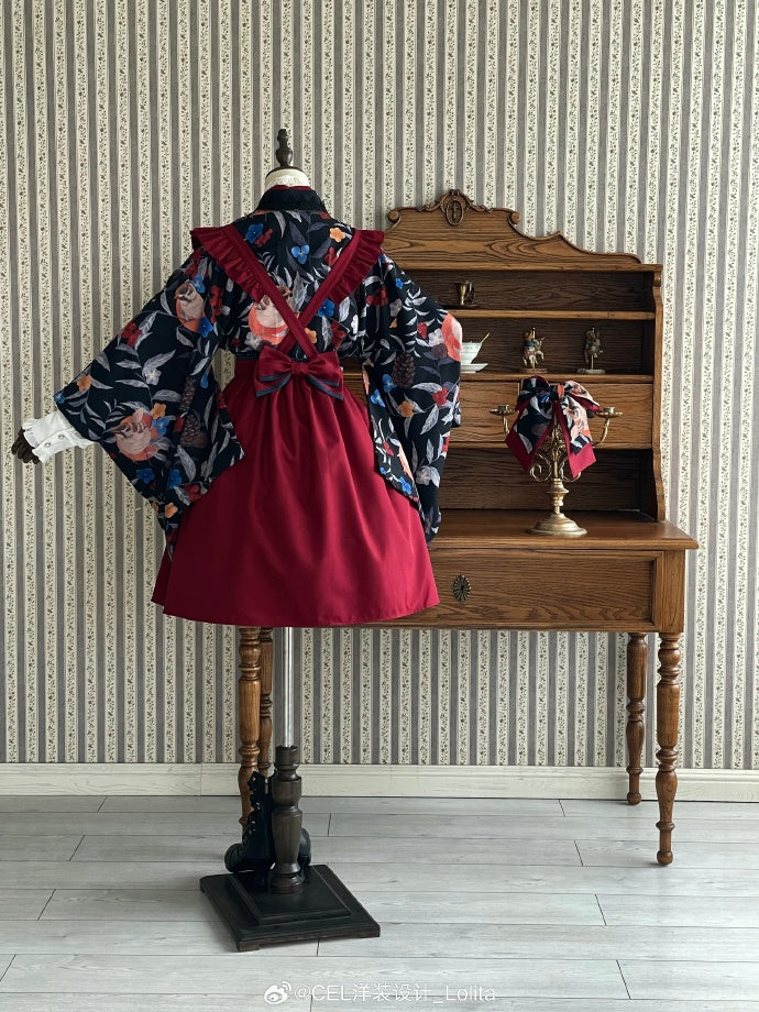 手毬刺繍の袴風サスペンダースカート