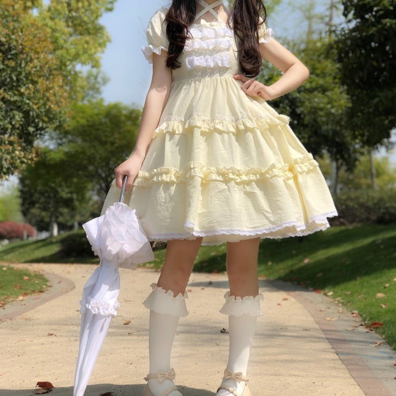 【予約販売】フリルスクエアネック甘ロリ半袖ワンピースとヘッドドレス