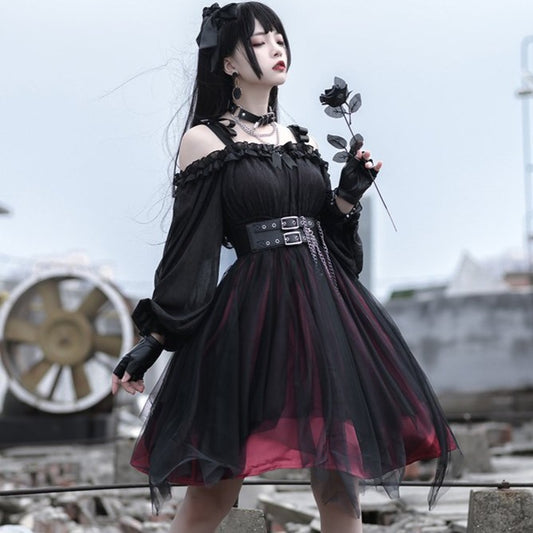 チュールレイヤードエレガントゴスロリワンピース