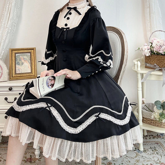 レースとフリルのスタンドカラー クラシカルワンピース