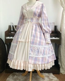 Schoolgirl in Paris Checked sailor collar dress and beret