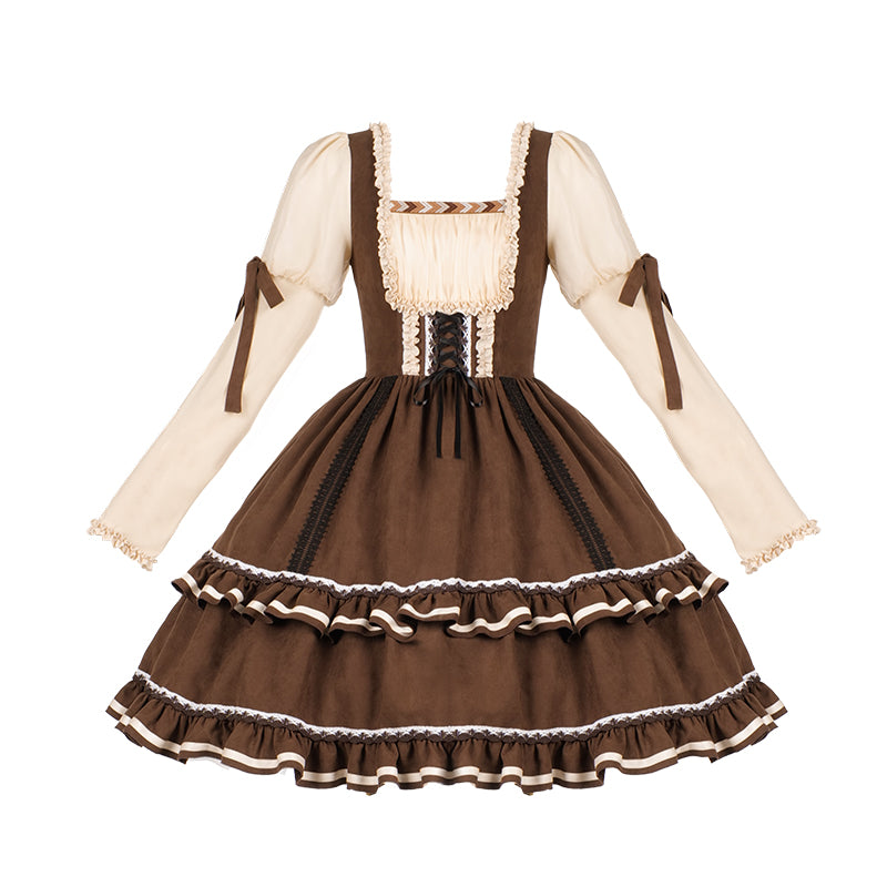Misty Brown Different Material Mix Retro Doll Dress