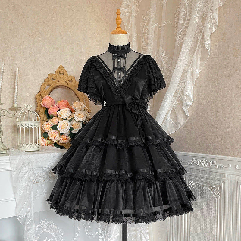 Sheer Stand Collar Elegant Frill Dress