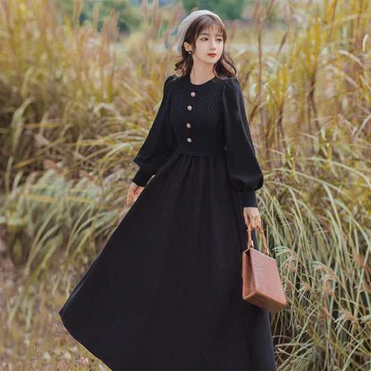 レトロ色のフレンチガーリー パフフリーブワンピース