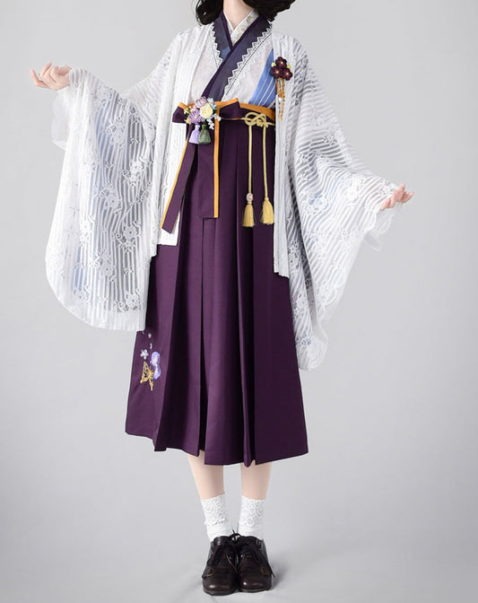 椿の花刺繍と蝶の袴風スカート