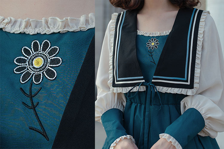 セーラーカラー フラワー刺繍 シンプルロリータワンピース