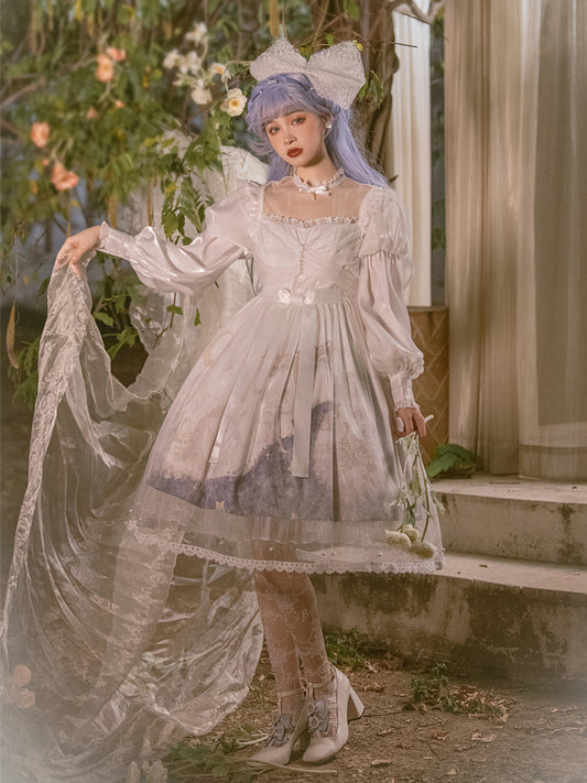 柔らかシフォン素材のエンジェルプリント ドレス