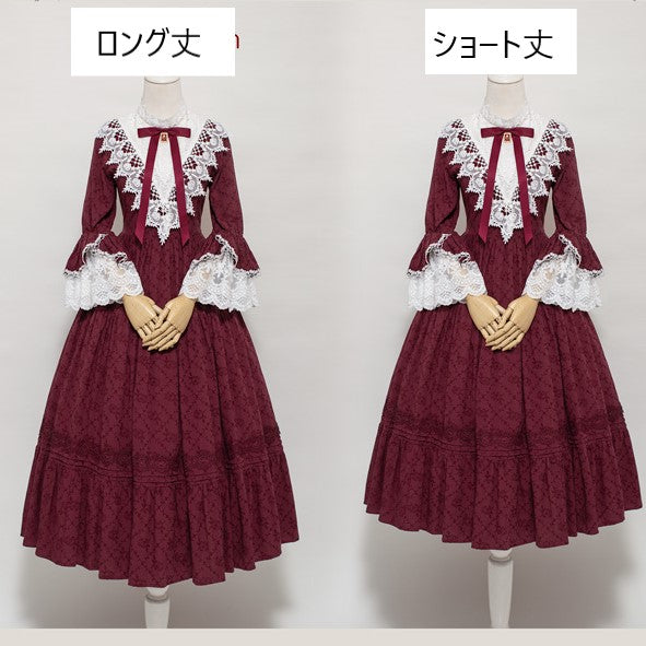 クラシカル コットンジャガード レーススタンドカラードレス