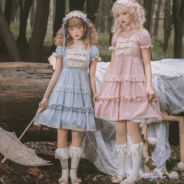 【予約販売】フリルスクエアネック甘ロリ半袖ワンピースとヘッドドレス