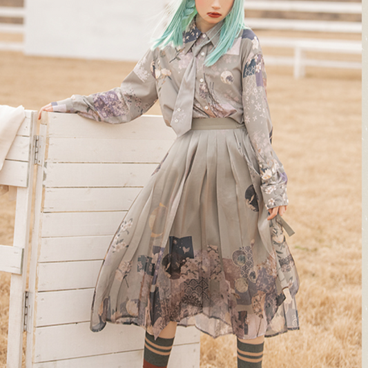 月下の花和風プリントプリーツスカート 和ロリ