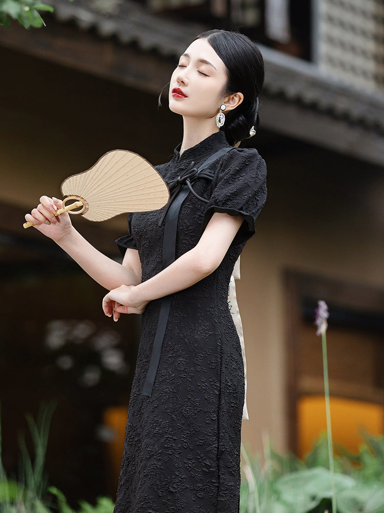 Black floral print jacquard China dress