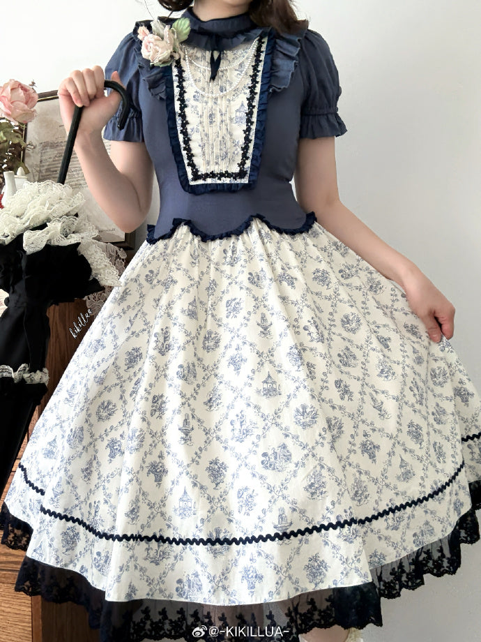 【受注予約7/16まで】花影の午後 くすみカラーの小花プリント切替ワンピース