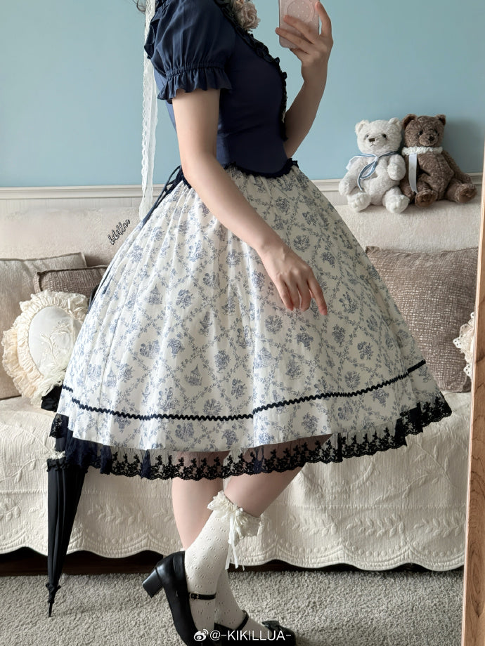 【受注予約7/16まで】花影の午後 くすみカラーの小花プリント切替ワンピース