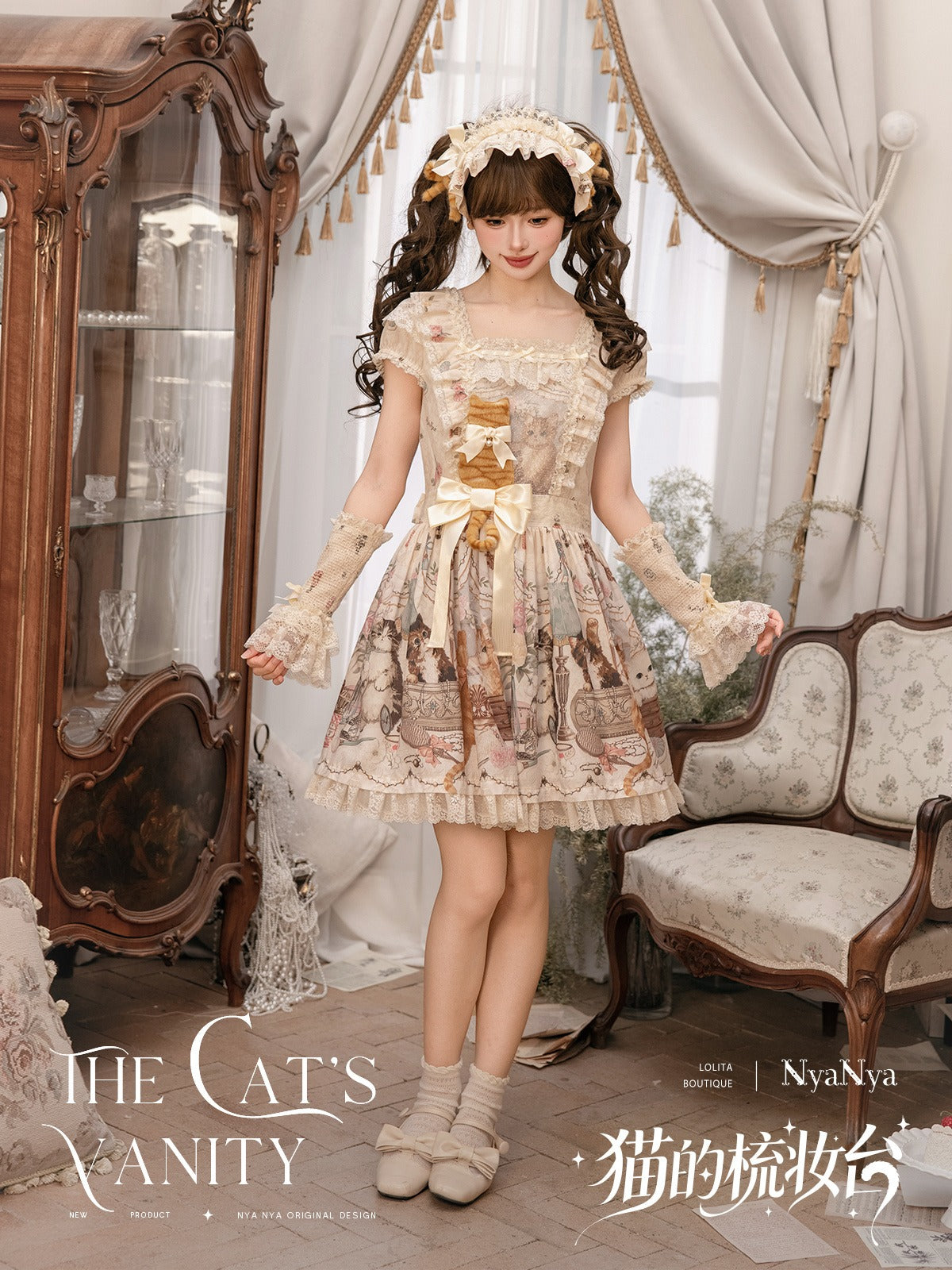 【受注予約7/7まで】The Cat's Vanity 猫柄スクエアネックワンピース・ショート丈
