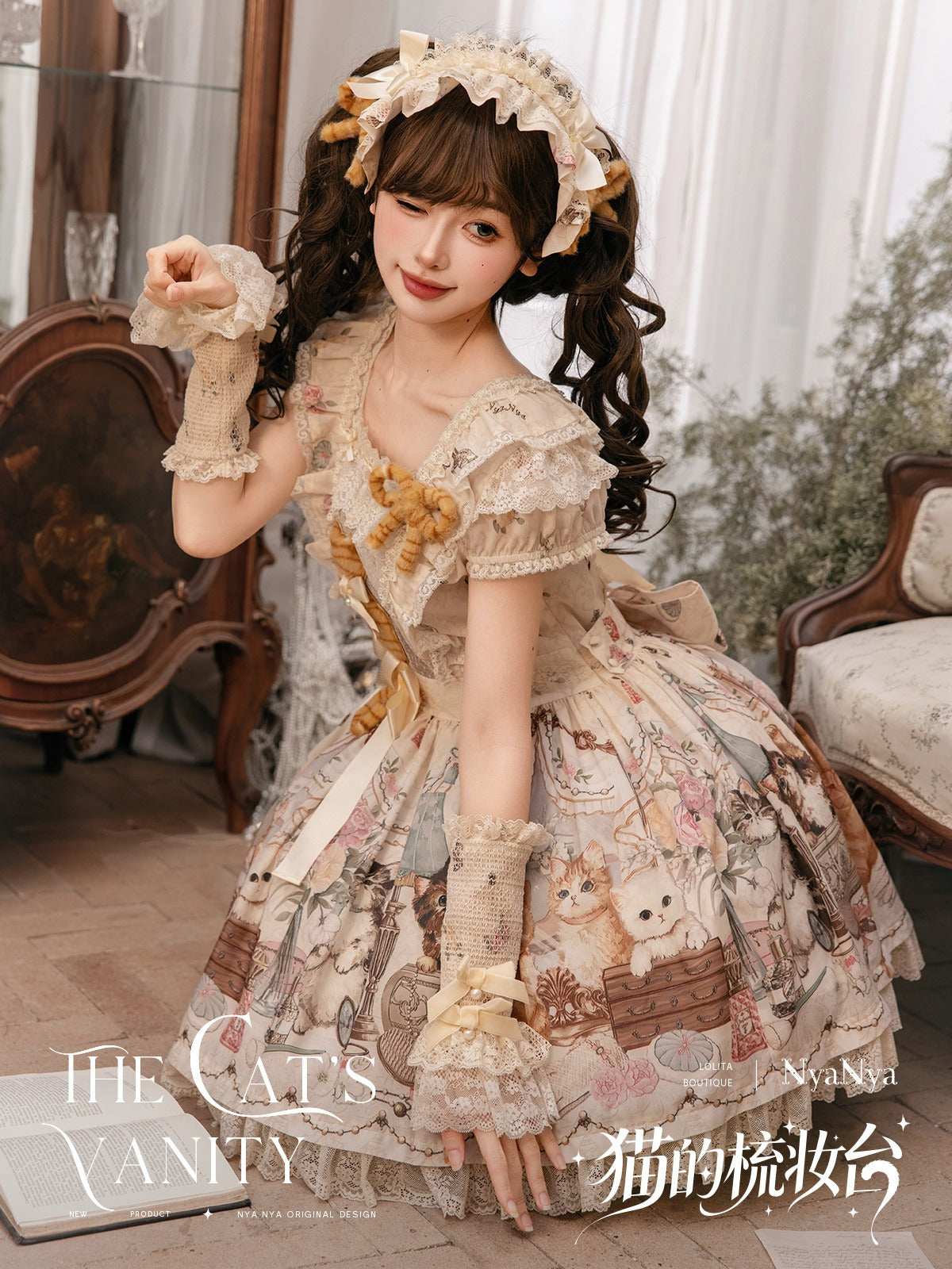 【受注予約7/7まで】The Cat's Vanity 猫柄スクエアネックワンピース・ショート丈