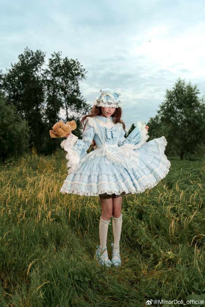 【受注予約12/8まで】Alice in the Mirror レースとリボンのドレス・パステルブルー