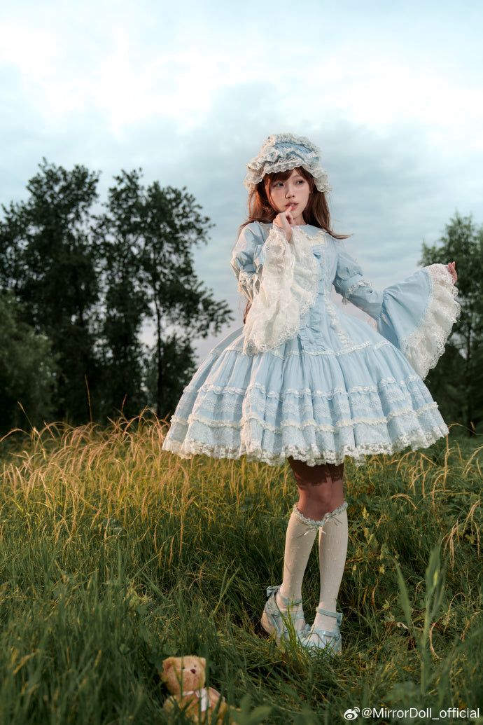 【受注予約12/8まで】Alice in the Mirror レースとリボンのドレス・パステルブルー