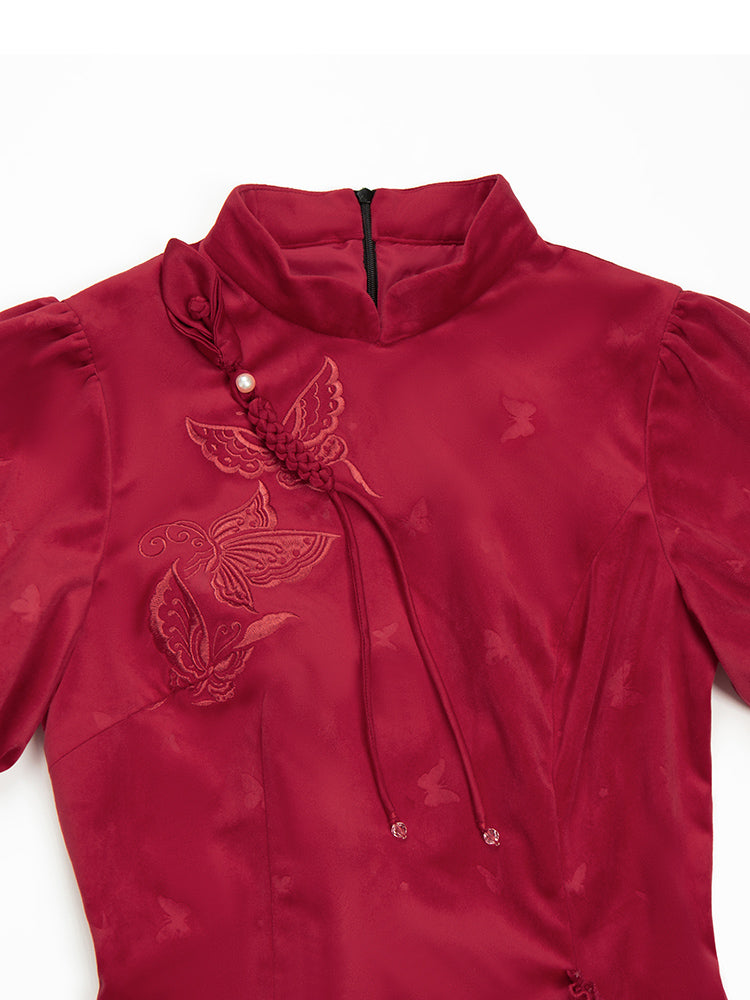 紅蝶 バタフライ刺繍のチャイナ風ドレス