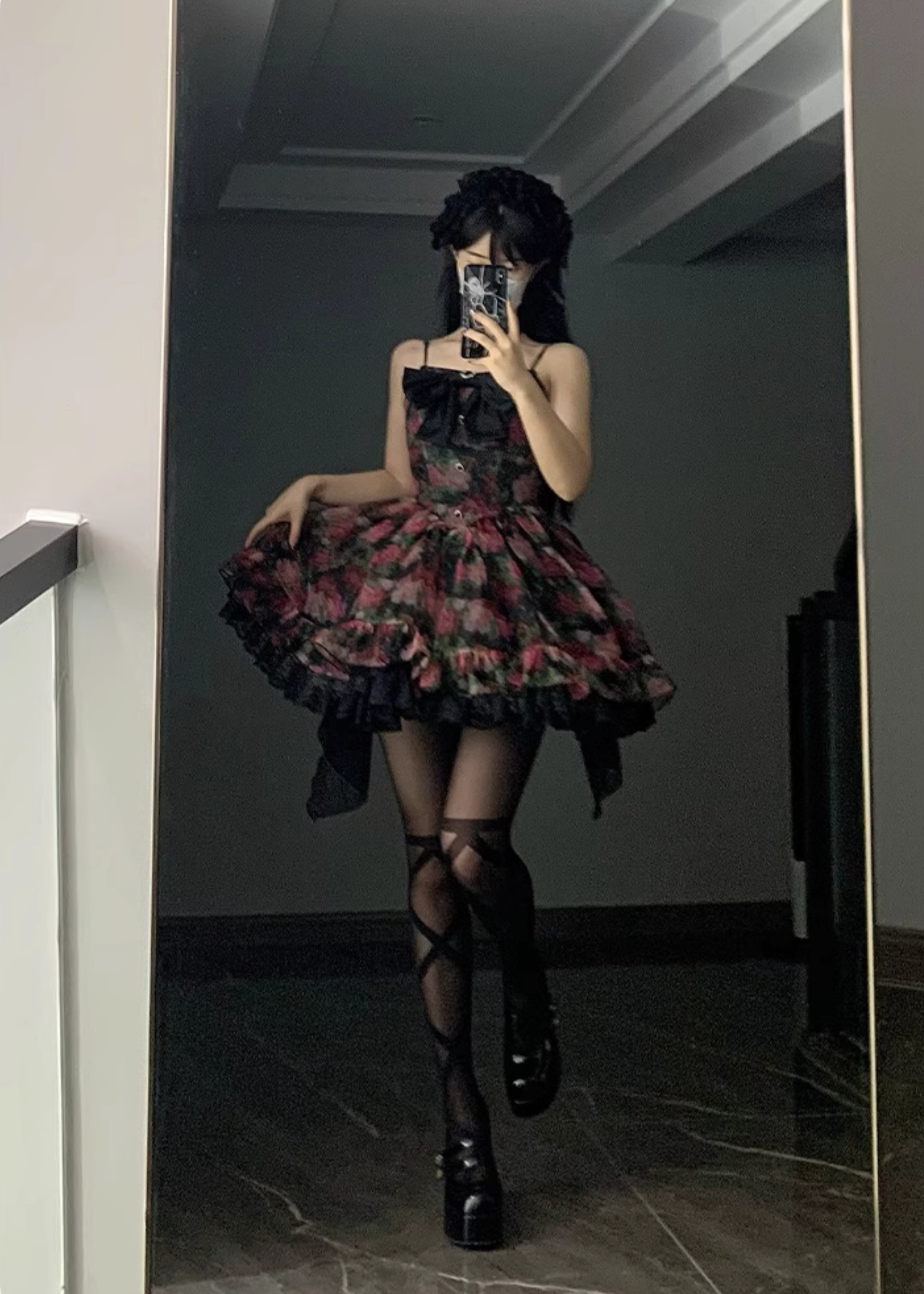 Peony flower 3way black mini dress