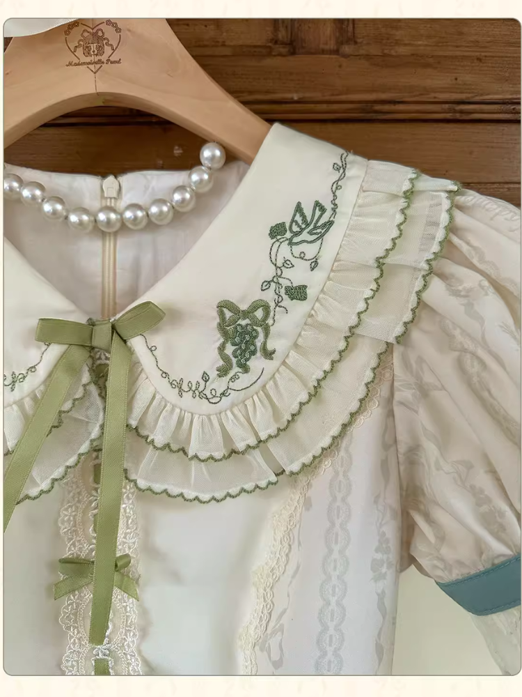 Honey Venus White Grape Embroidery Collar Short Sleeve Dress