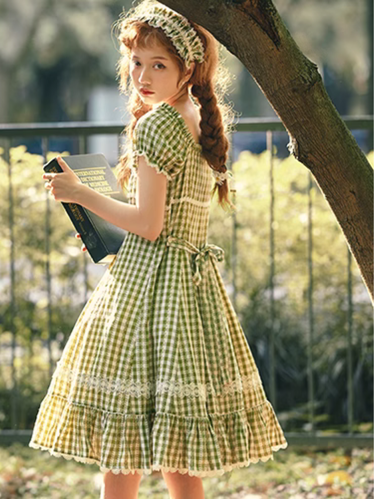 Day's eye Gingham check retro short sleeve dress, 3 colors