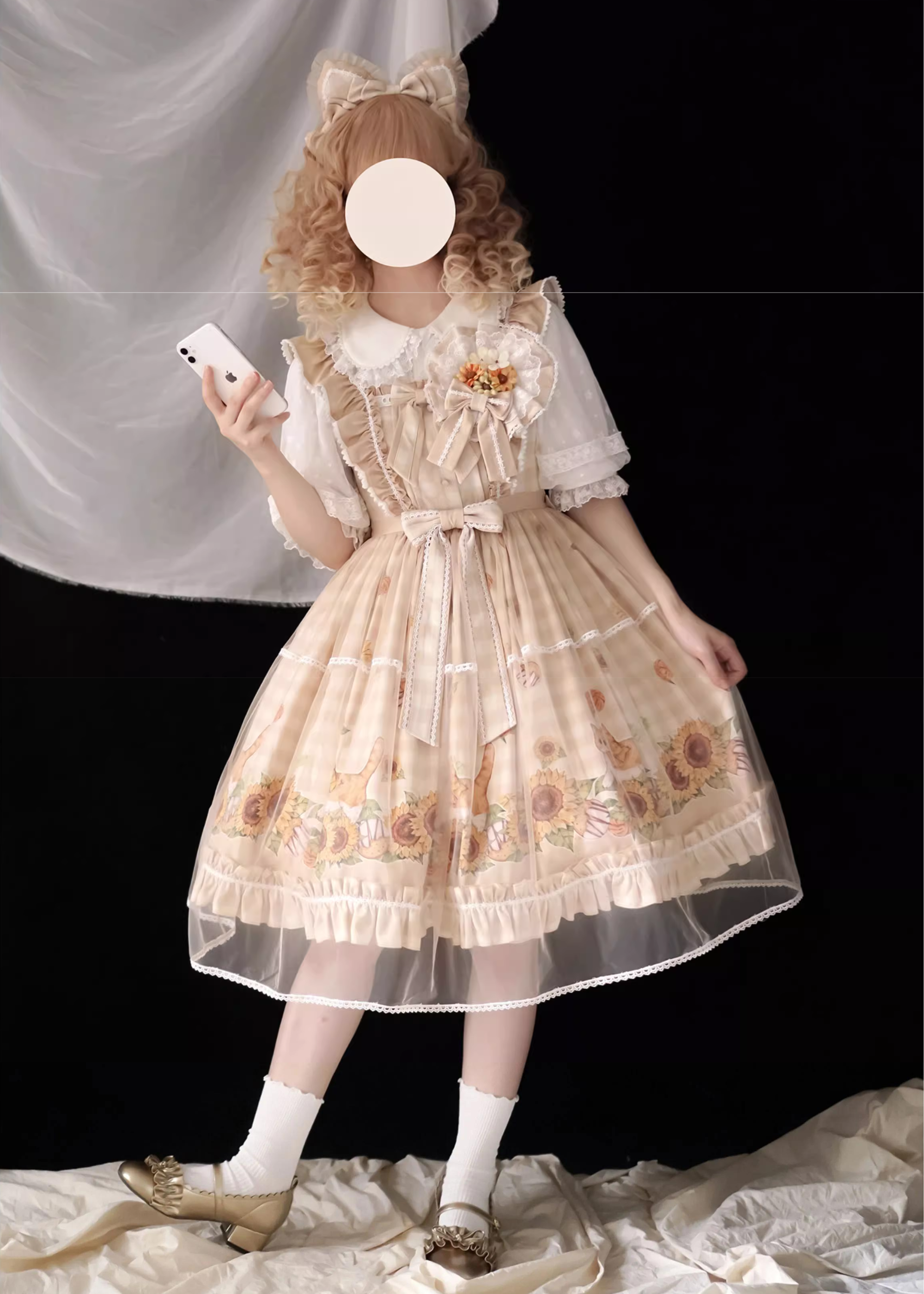 Cat and Sunflower Gingham Check Jumper Skirt Available in 3 Colors