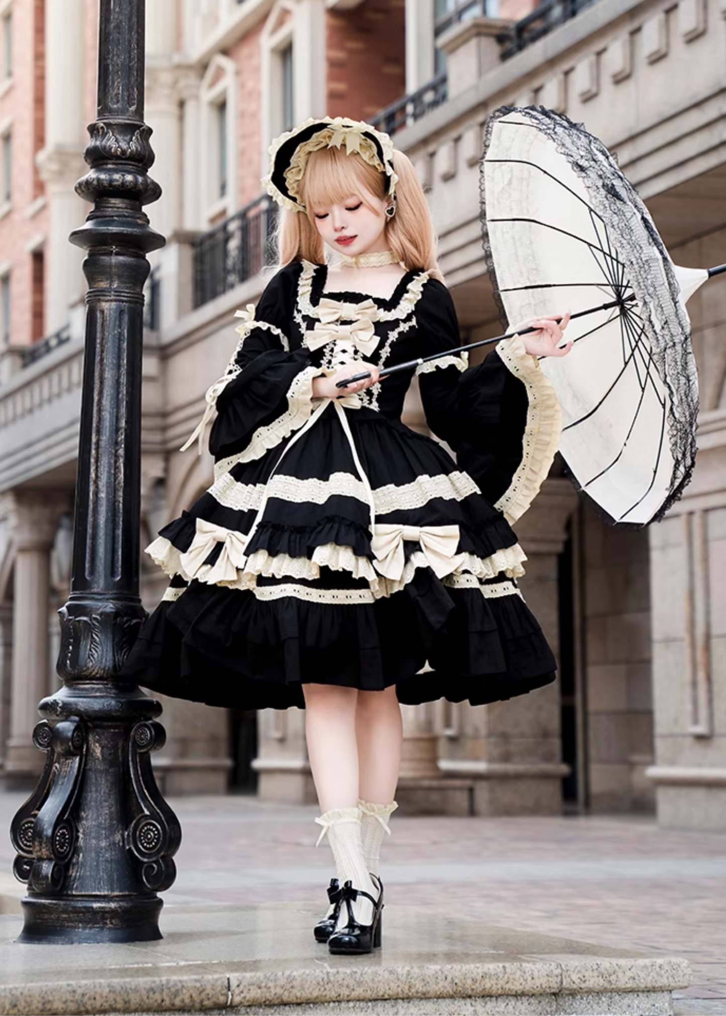 Seventh Night Chapter Front Ribbon Dress with Inner Skirt, Attached Sleeves, and Choker