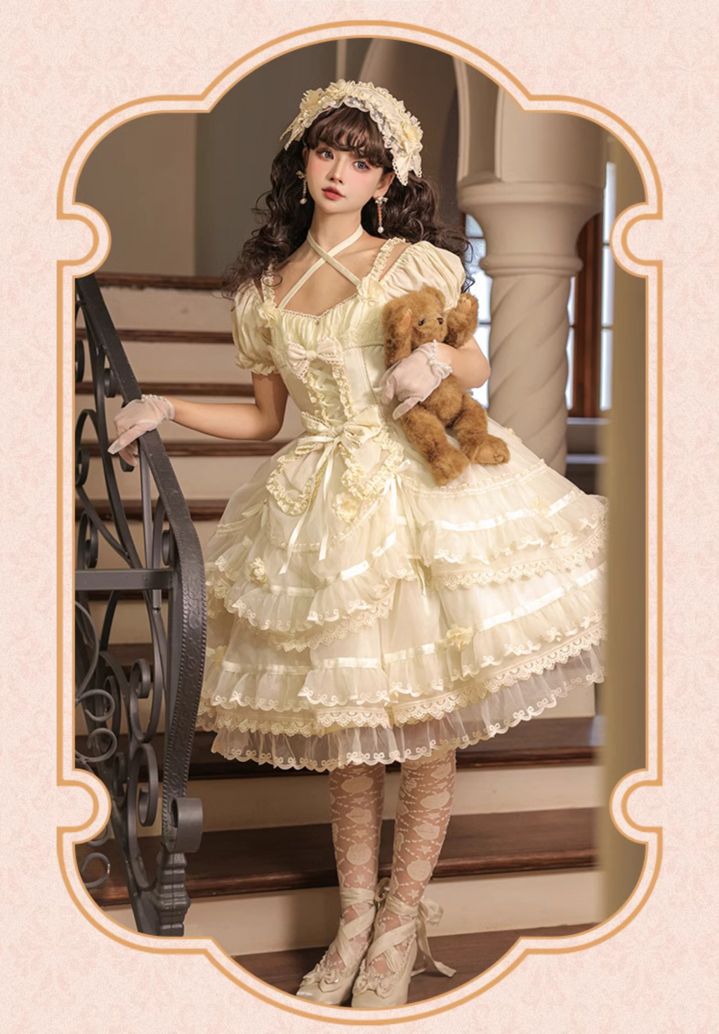 Ribbon embroidered lace dress and head dress available in 8 colors