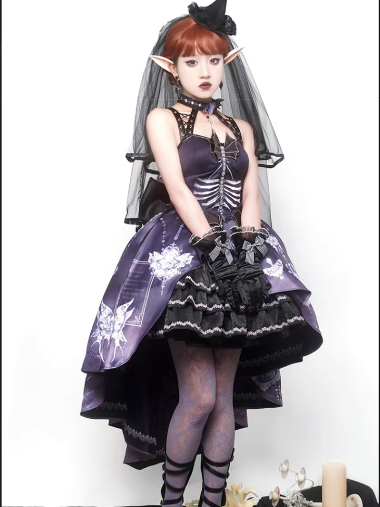 [Pre-order] Bat Wings skeleton pattern jumper skirt and purple rose crinoline