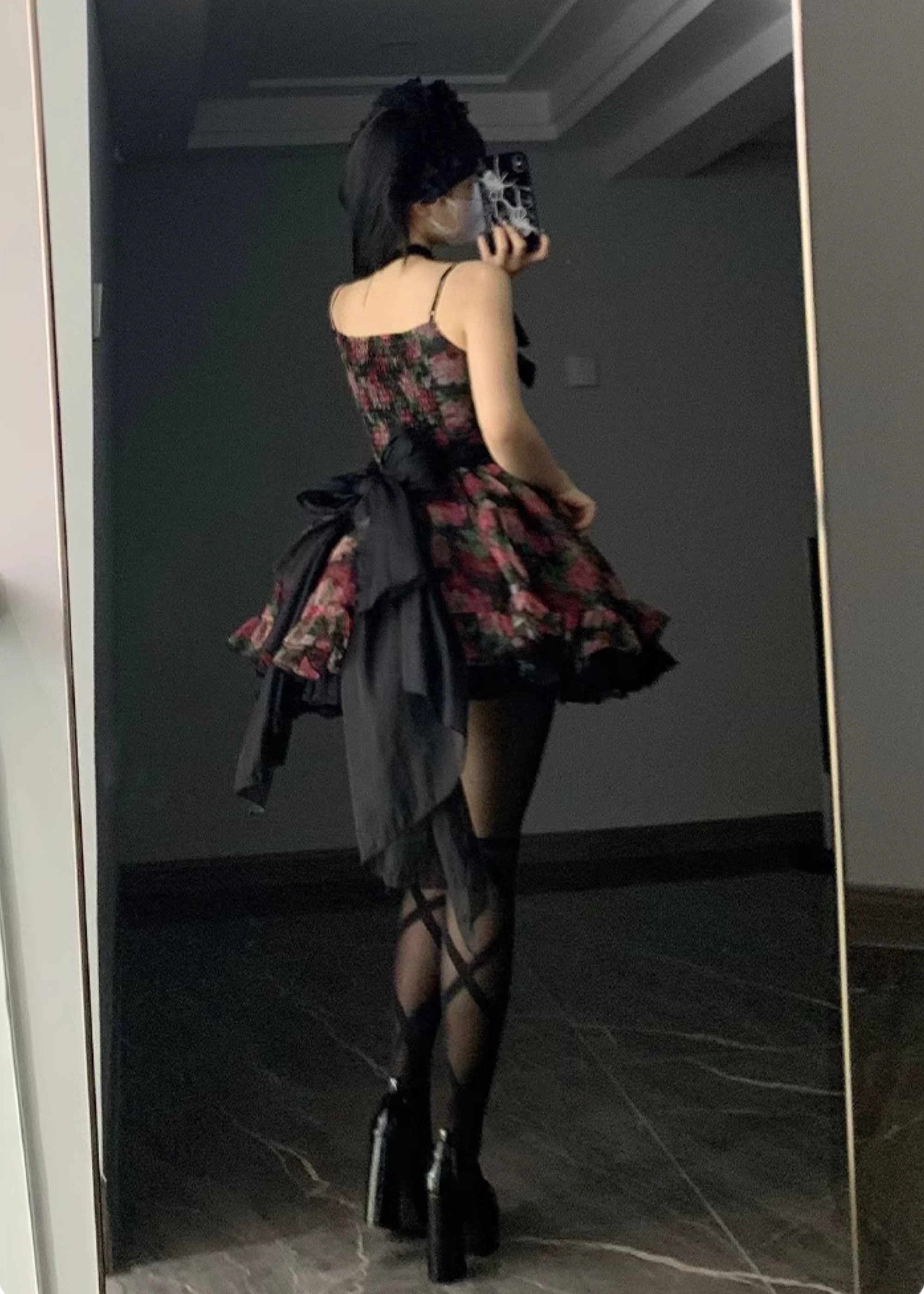 Peony flower 3way black mini dress