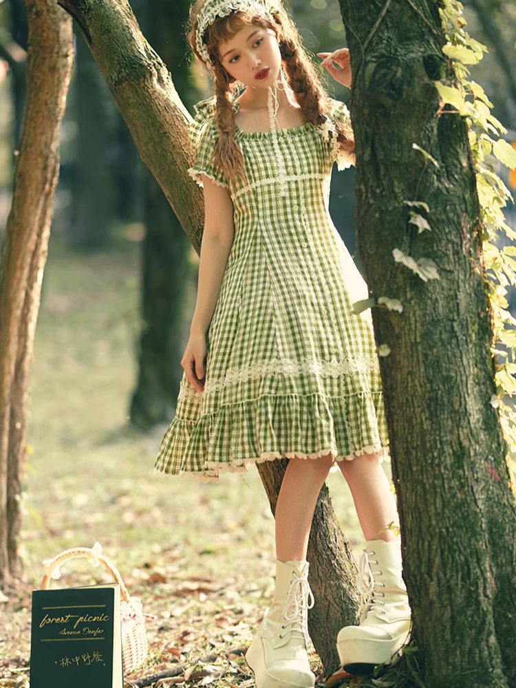 Day's eye Gingham check retro short sleeve dress, 3 colors