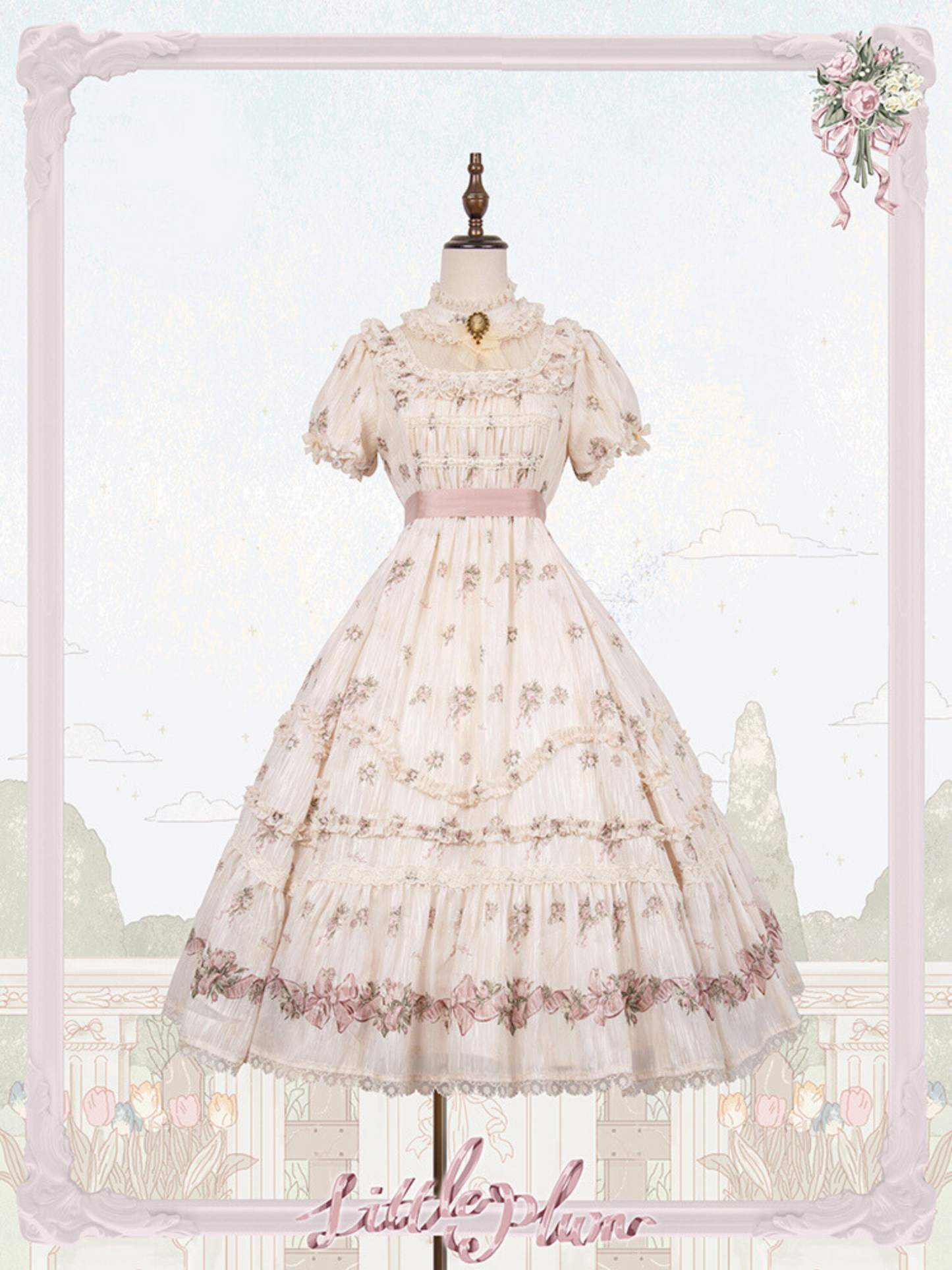 Roses Bouquet Stand Collar Frill Dress