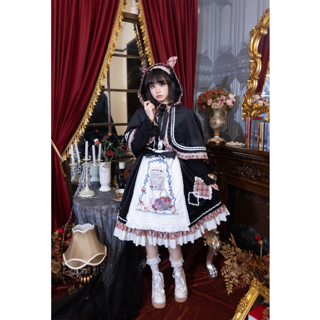 レトロガーリージャンパースカート エプロンとケープ付き 全2色
