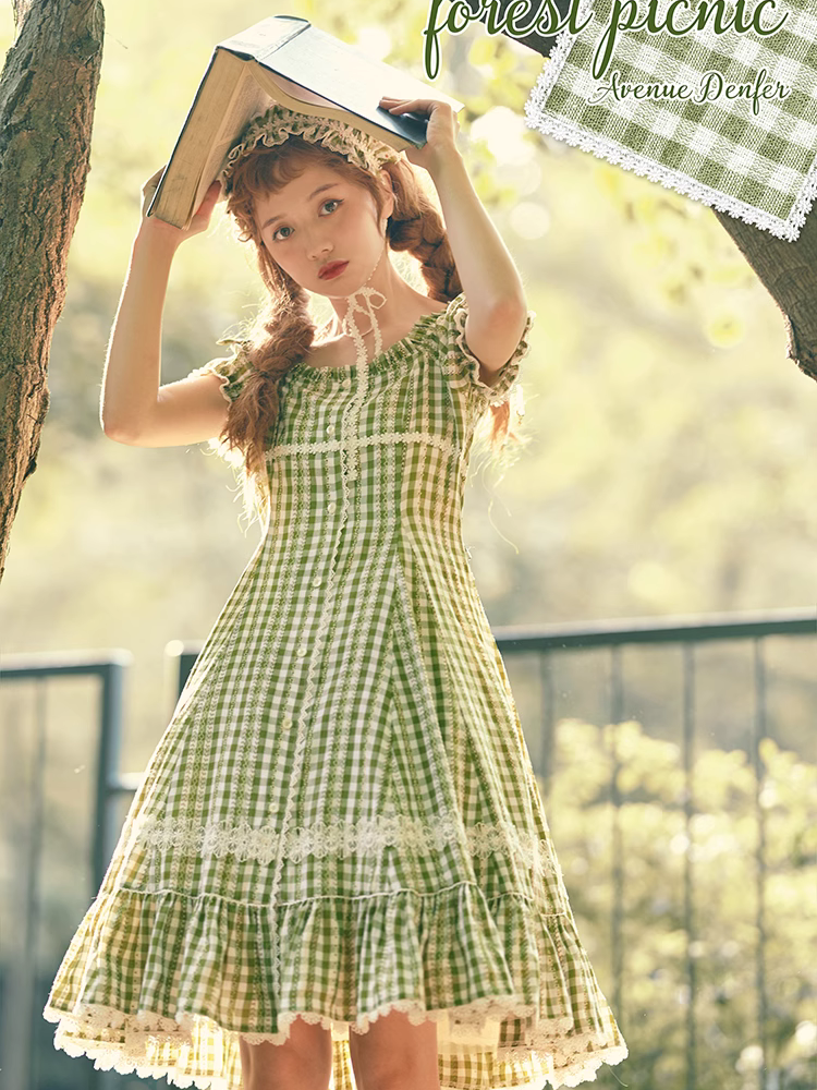 Day's eye Gingham check retro short sleeve dress, 3 colors