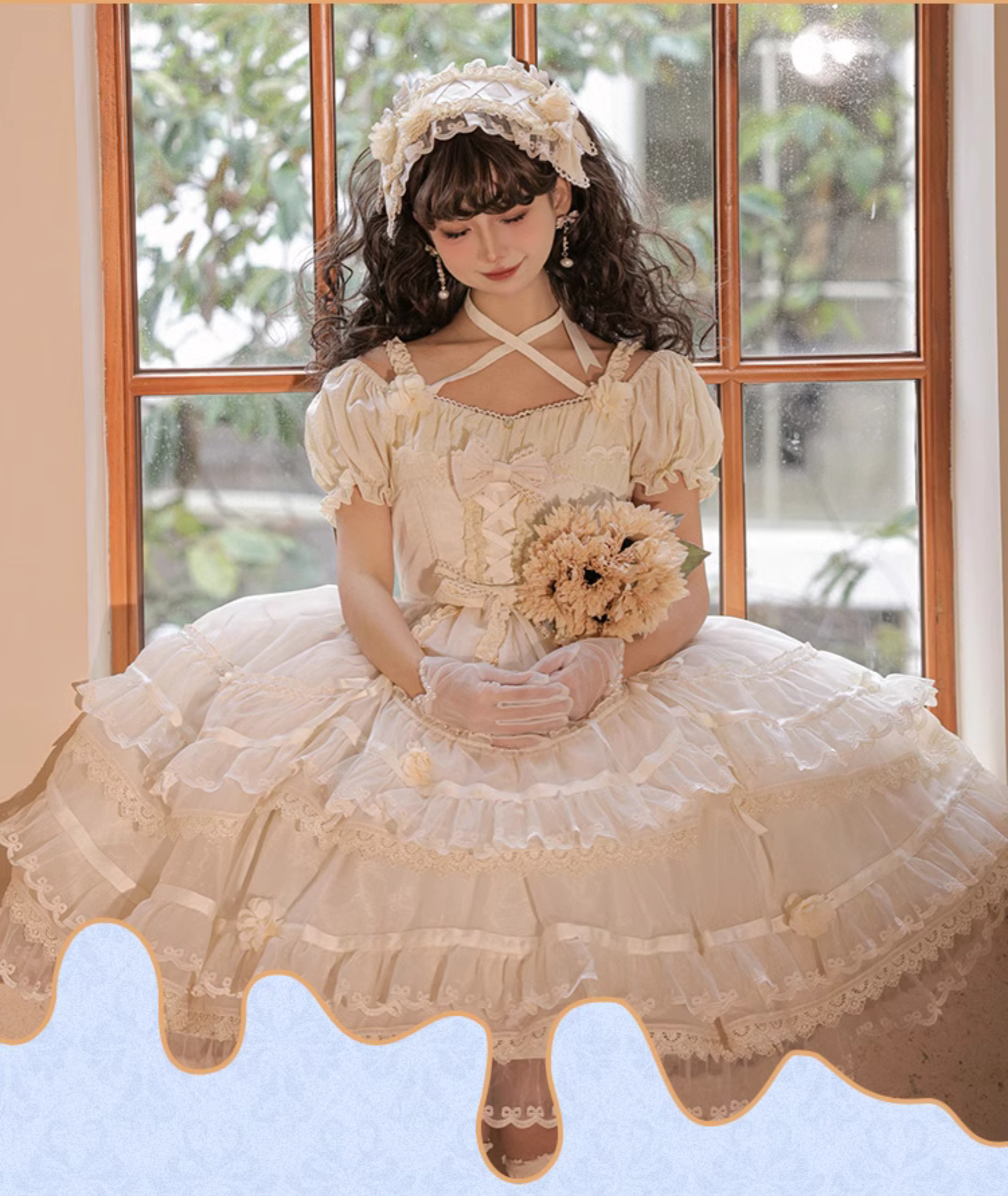 Ribbon embroidered lace dress and head dress available in 8 colors