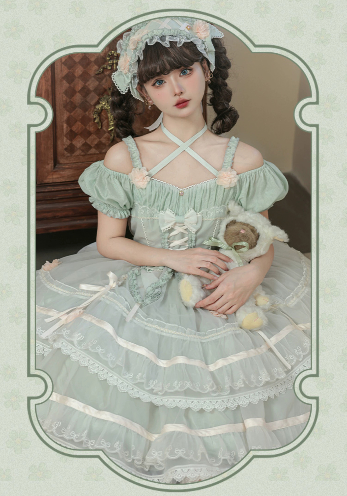Ribbon embroidered lace dress and head dress available in 8 colors