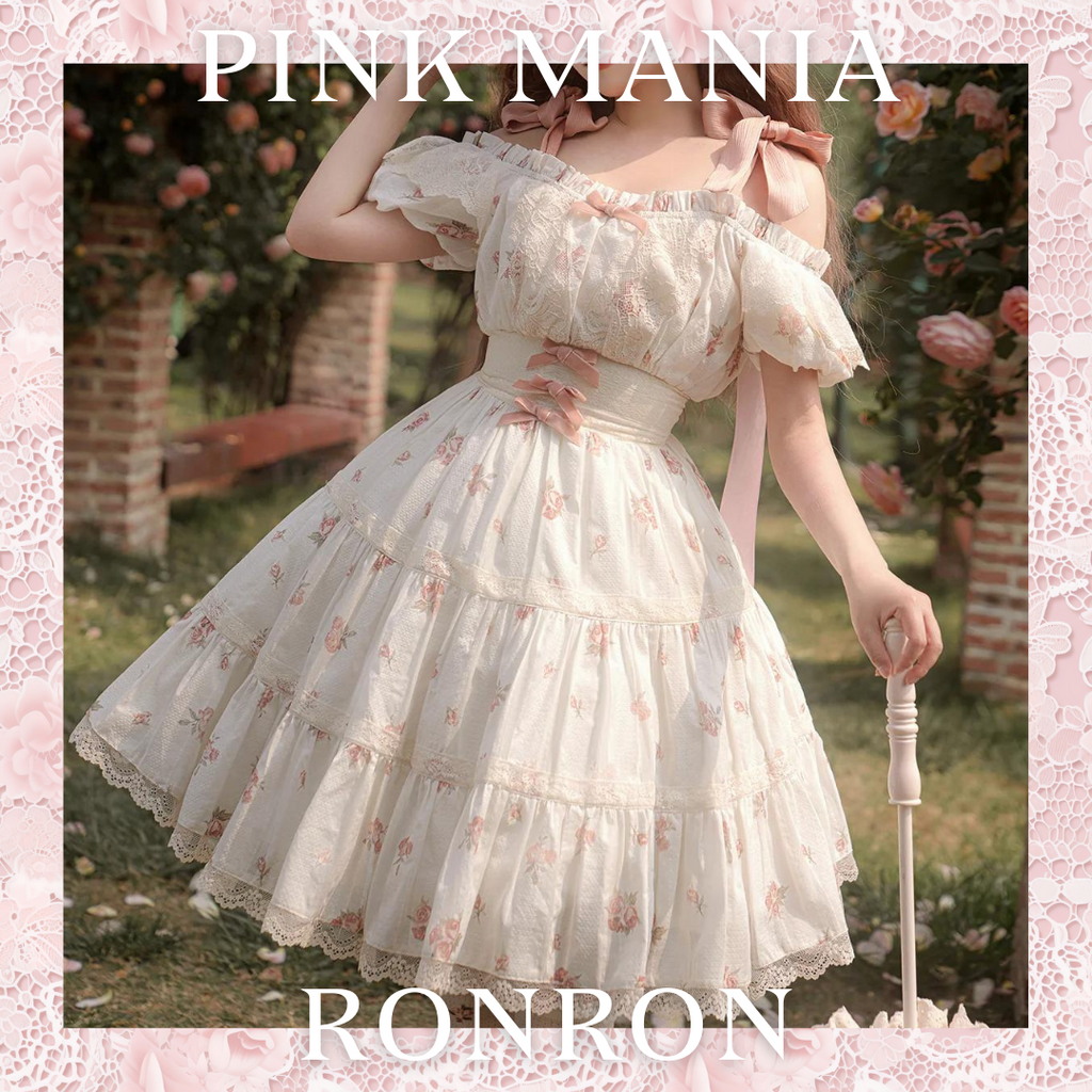 Blooming Rose ピンクリボンのオフショルダー半袖ワンピース