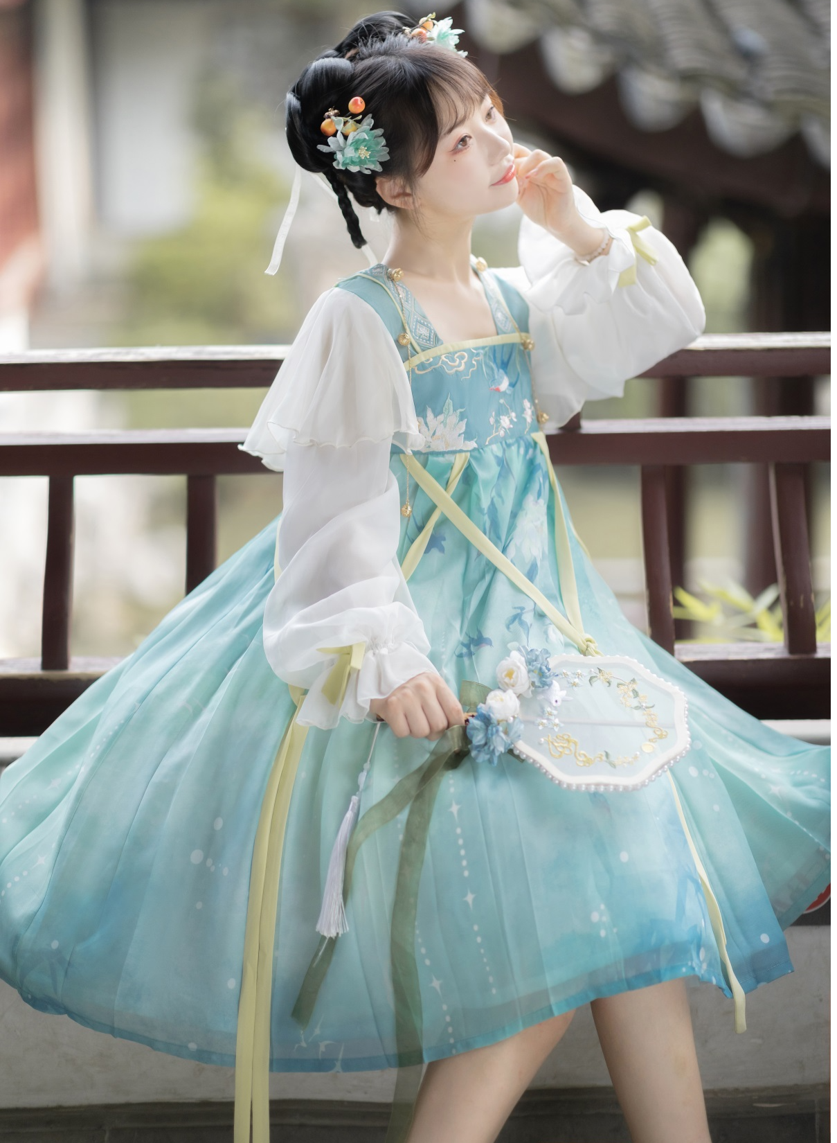 Hana loli dress with green and blue flower embroidery