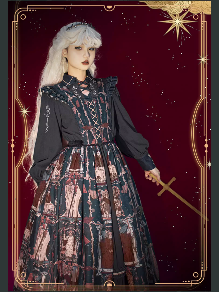 Tarot エジプト風クロスリボンのサスペンダースカートとブラウスのセットアップ
