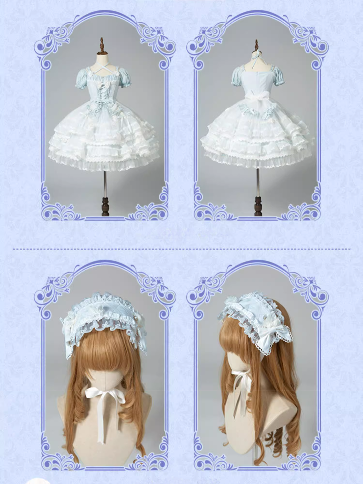 Ribbon embroidered lace dress and head dress available in 8 colors