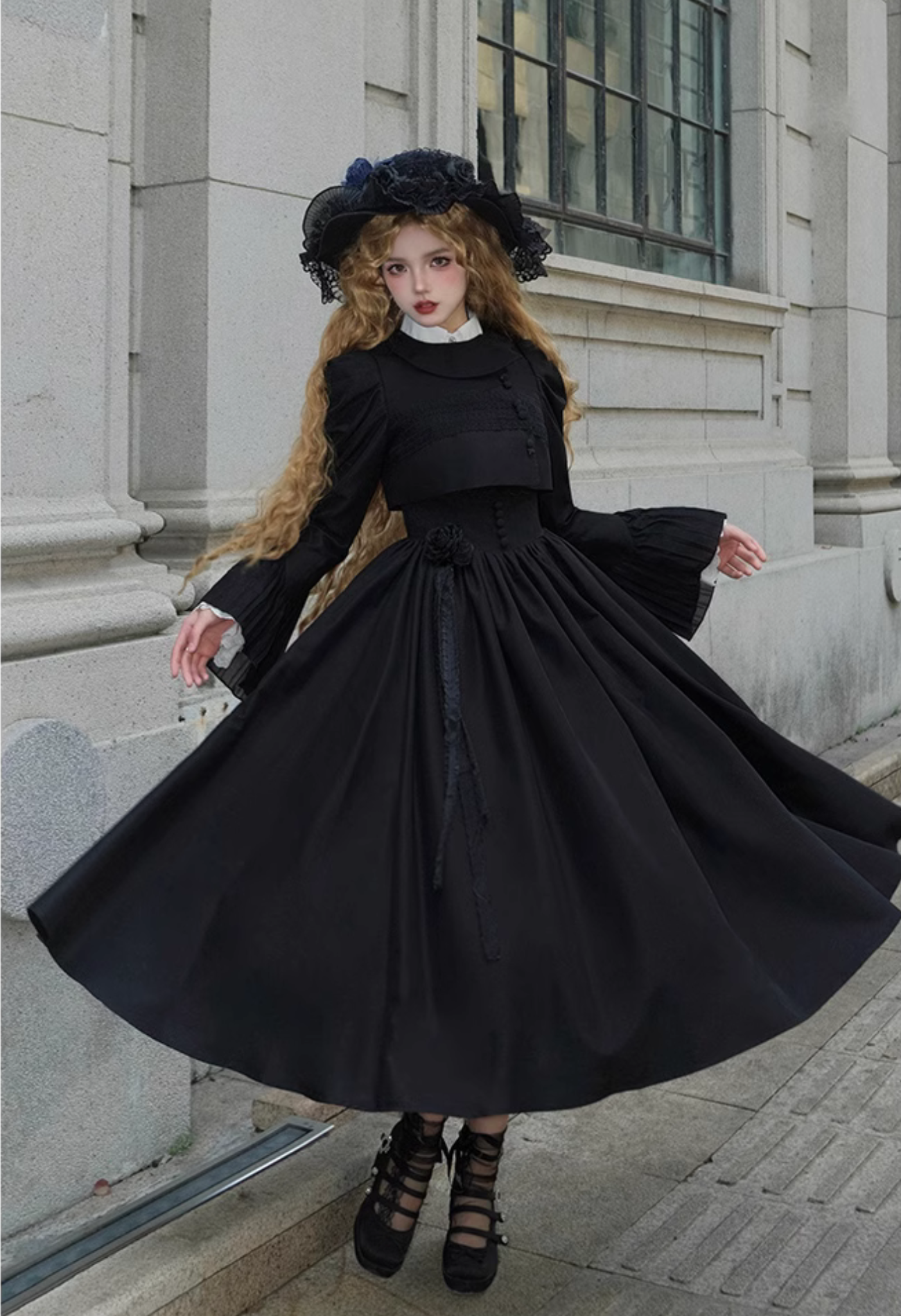 Black rose embroidered collar jumper skirt and jacket, long length