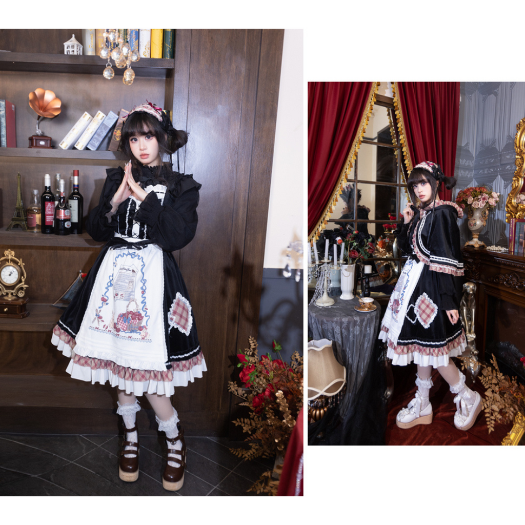 レトロガーリージャンパースカート エプロンとケープ付き 全2色