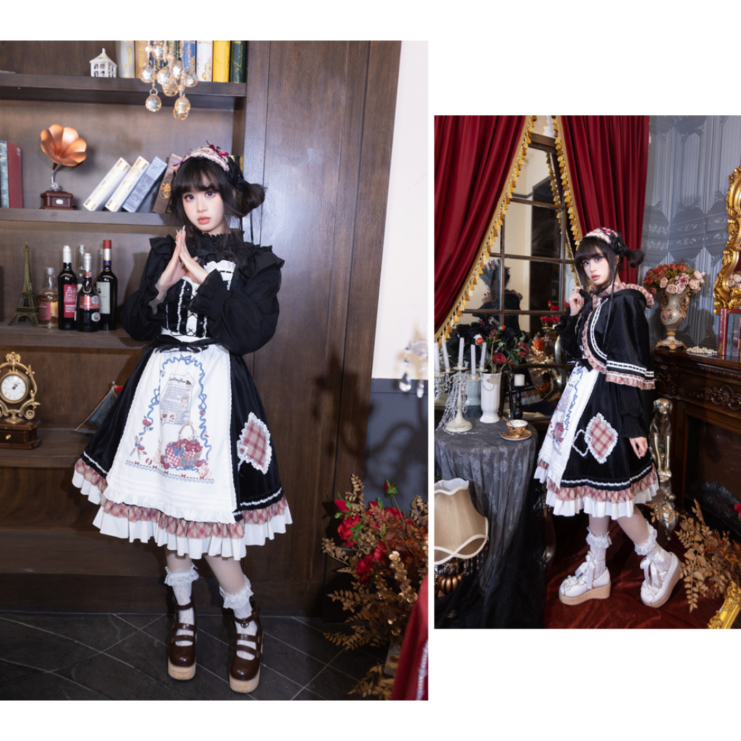 レトロガーリージャンパースカート エプロンとケープ付き 全2色