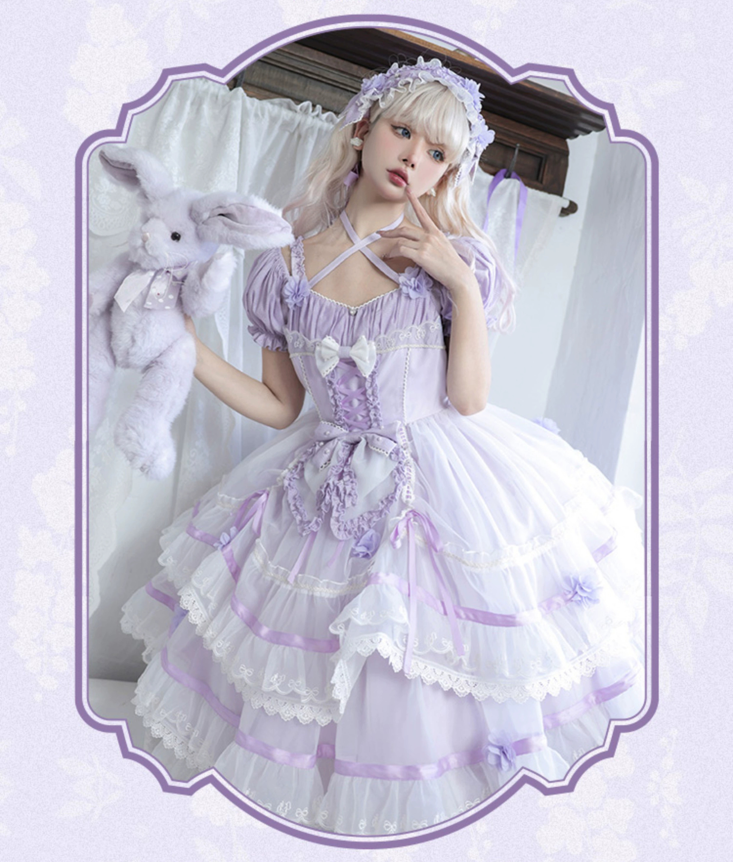 Ribbon embroidered lace dress and head dress available in 8 colors