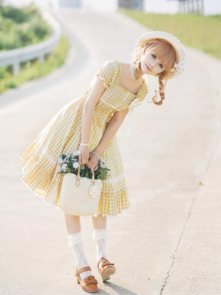 Day's eye Gingham check retro short sleeve dress, 3 colors