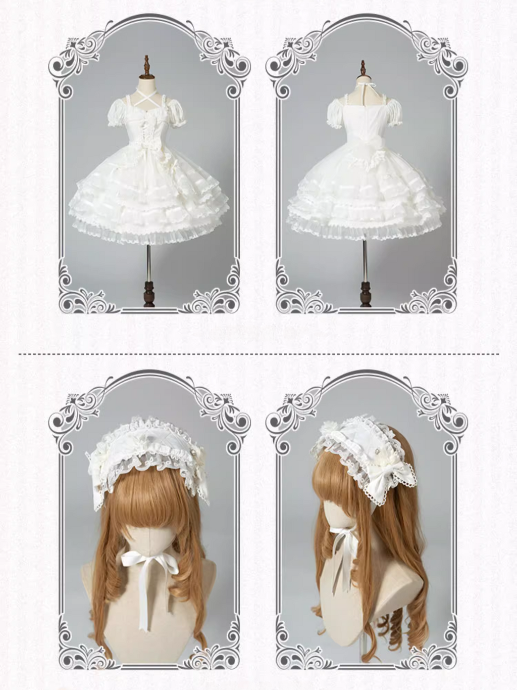 Ribbon embroidered lace dress and head dress available in 8 colors