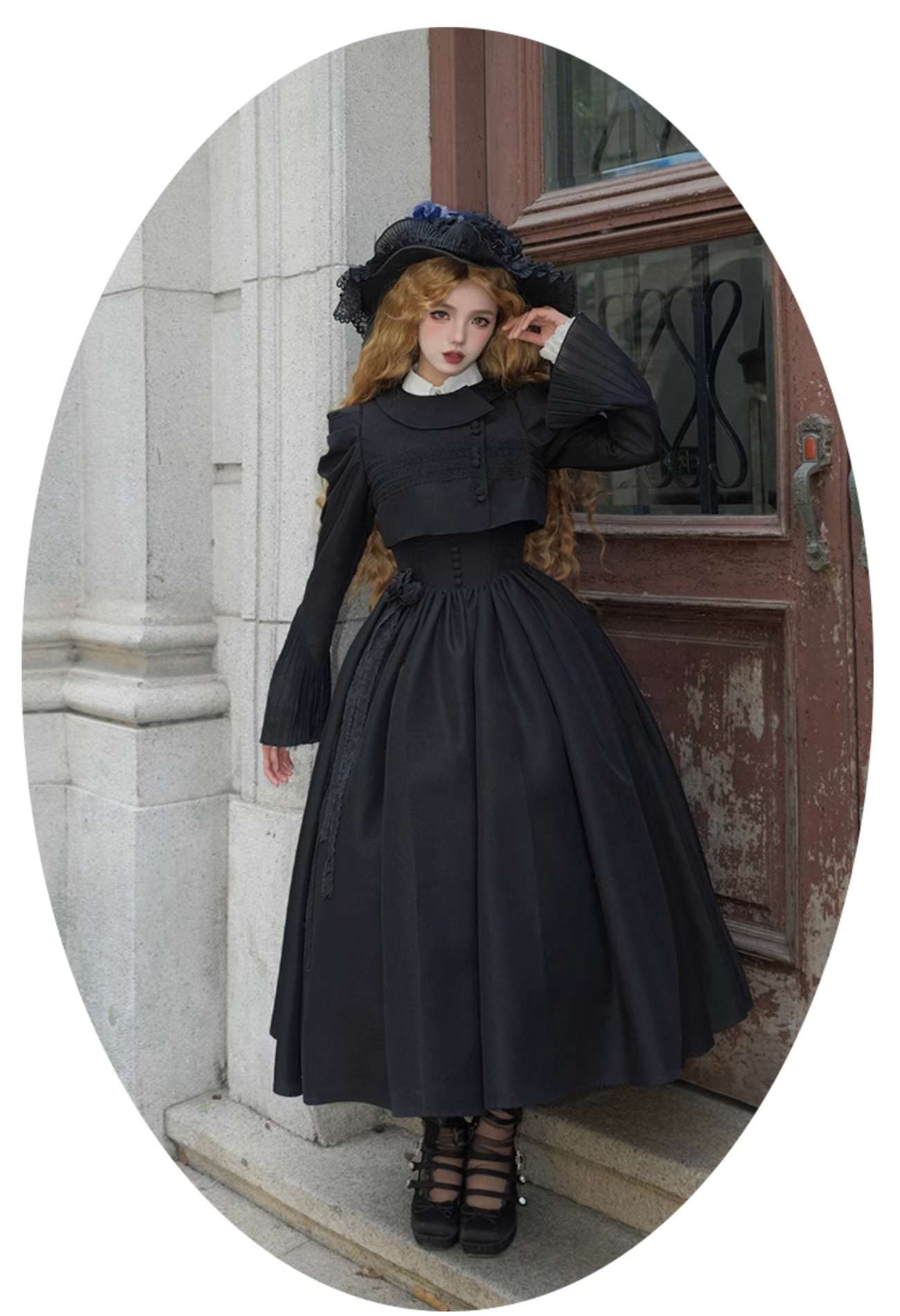 Black rose embroidered collar jumper skirt and jacket, long length