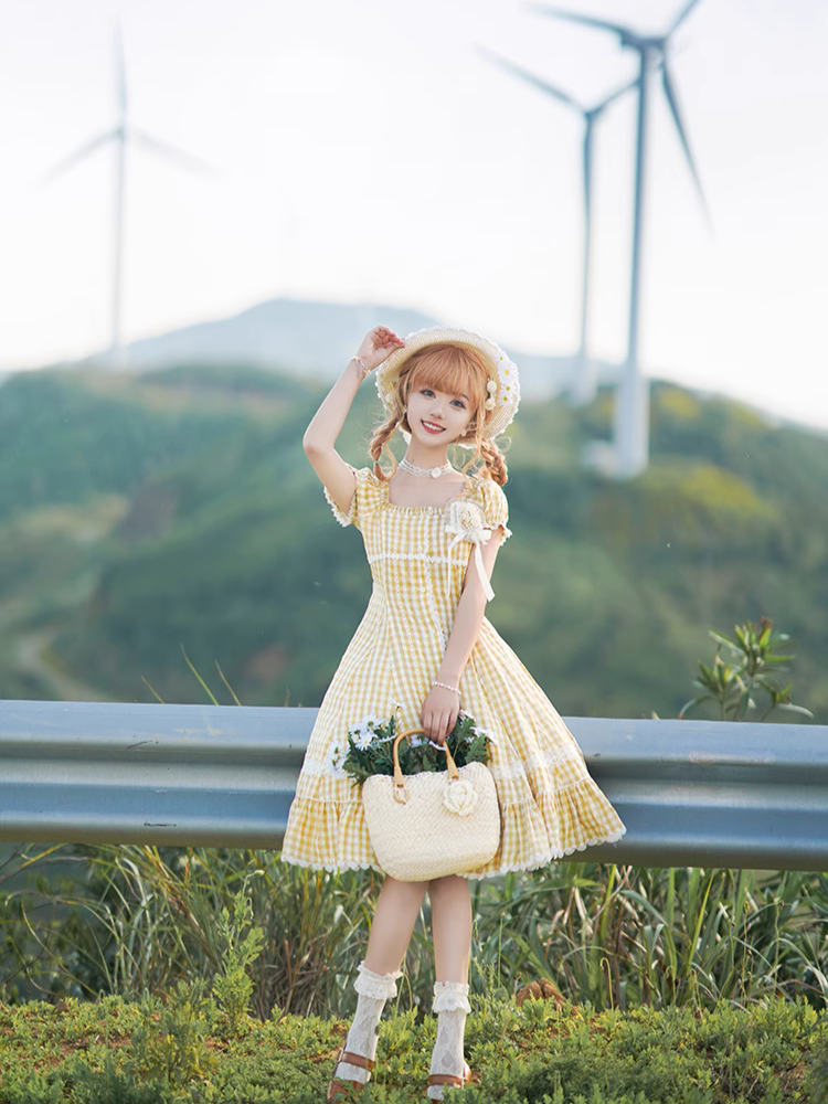 Day's eye Gingham check retro short sleeve dress, 3 colors